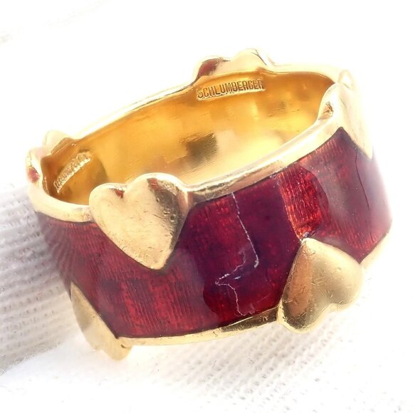 Tiffany & Co Schlumberger 18k Yellow Gold Red Enamel Heart Band Ring sz 6 - Picture 10 of 12